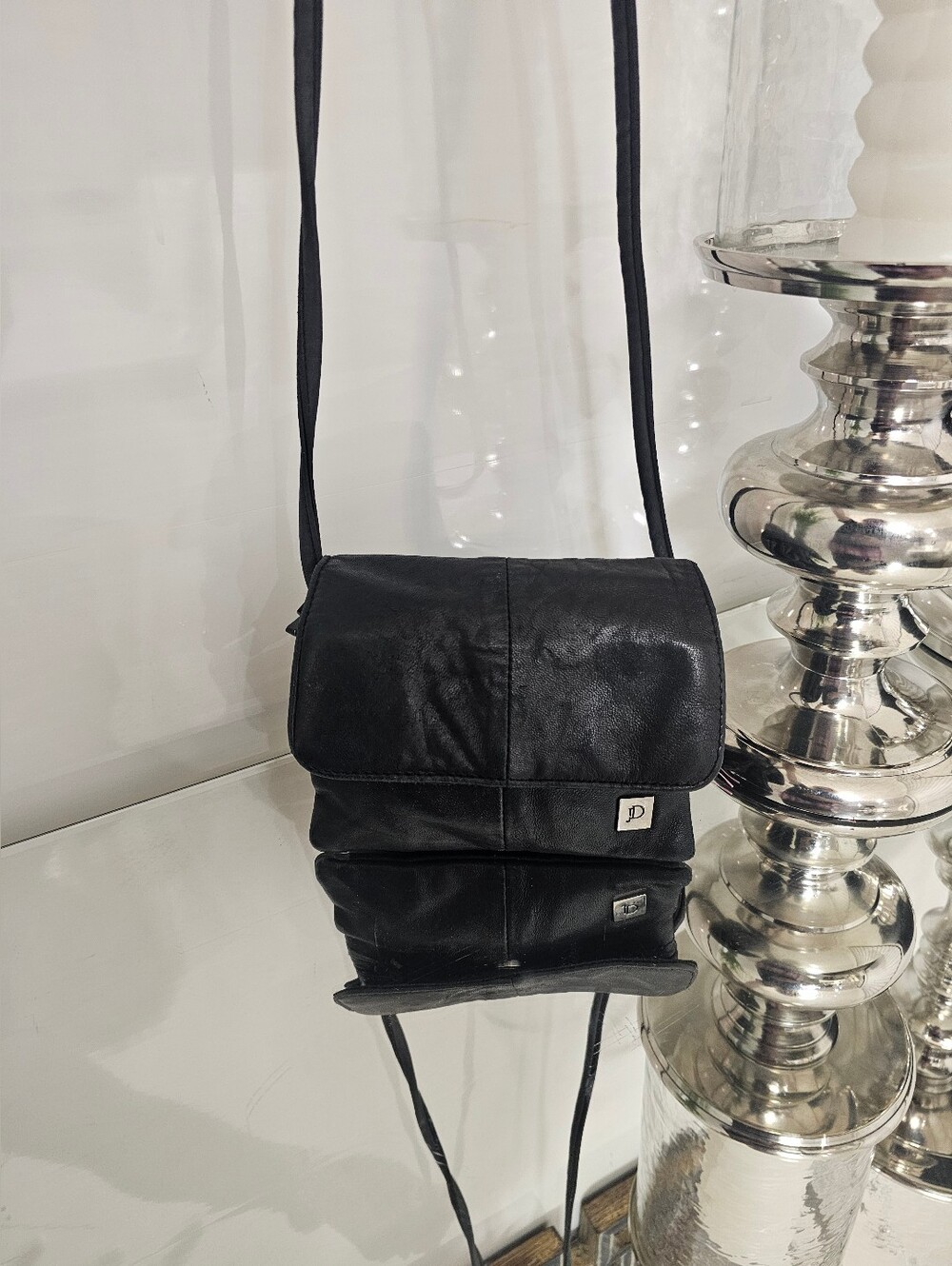JD Black Leather Crossbody Bag with Silver Logo Accent